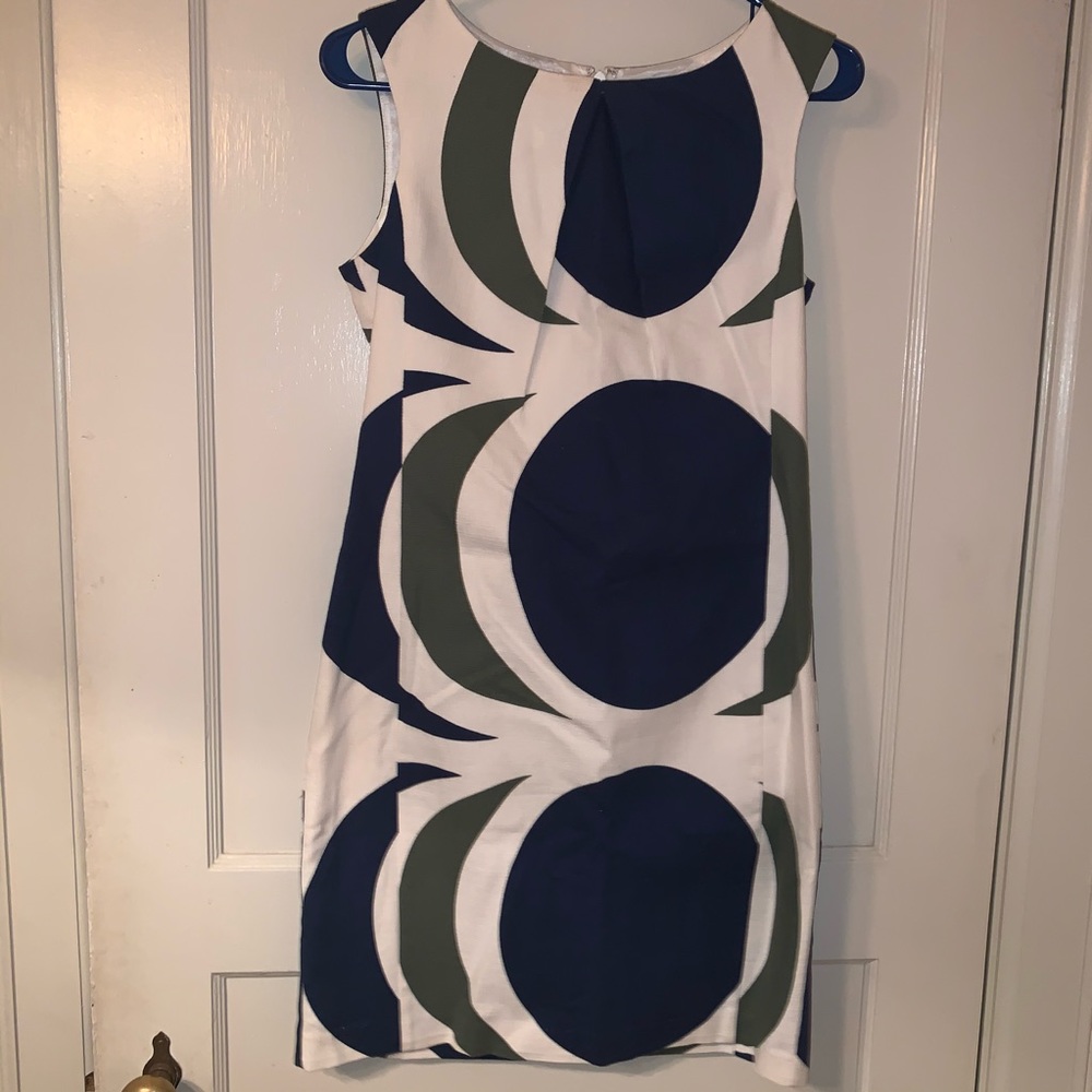 Tabitha Dress, White w/ Blue&Green Geo designs